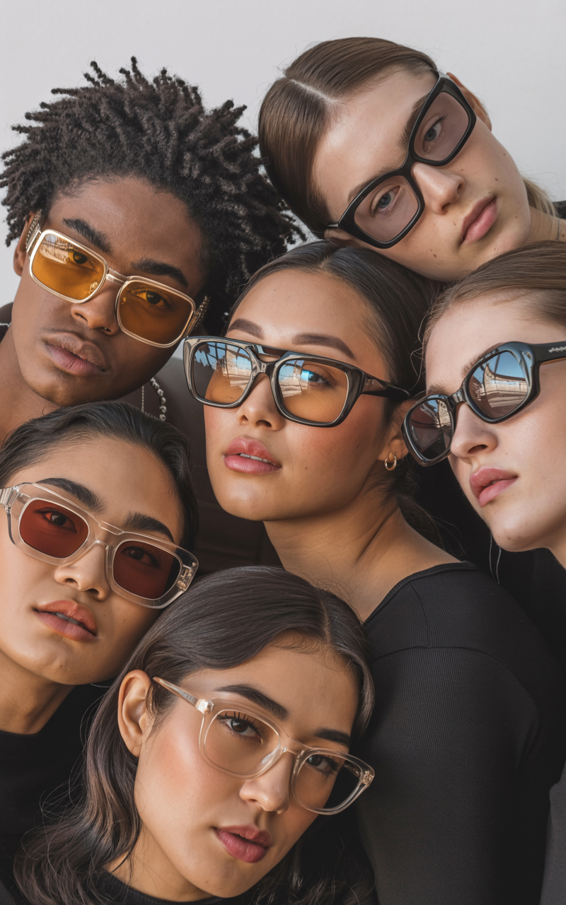 Editorial shot of diverse models wearing different eyewear shapes
