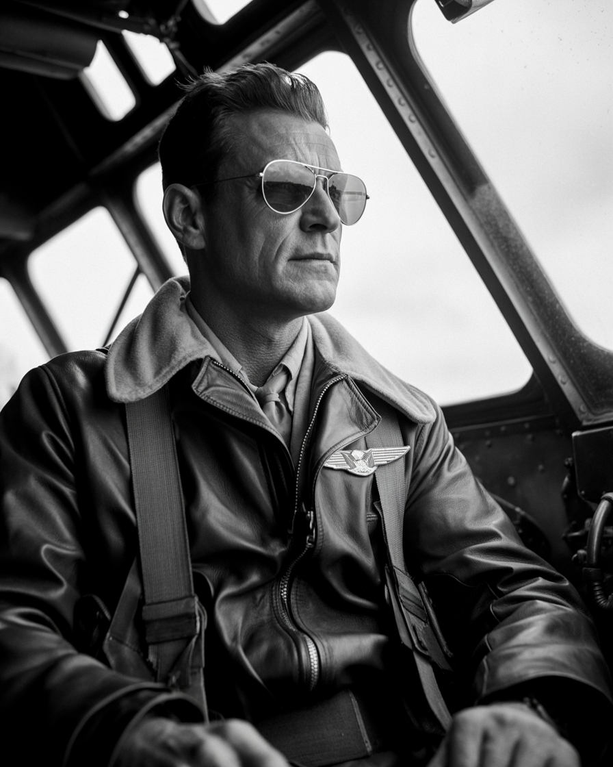 Black-and-white portrait of a WWII pilot wearing aviator sunglasses