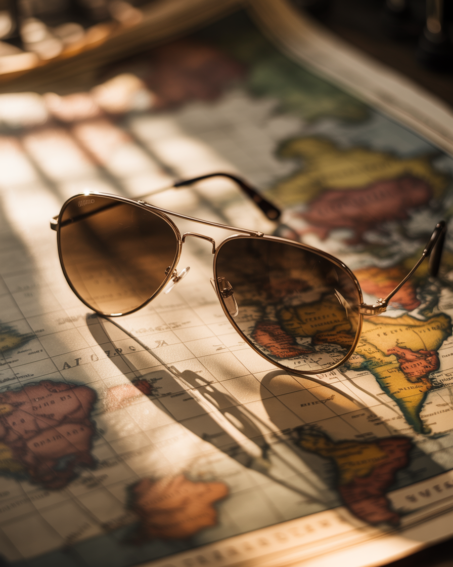Aviator sunglasses resting on a faded world map with sepia tones