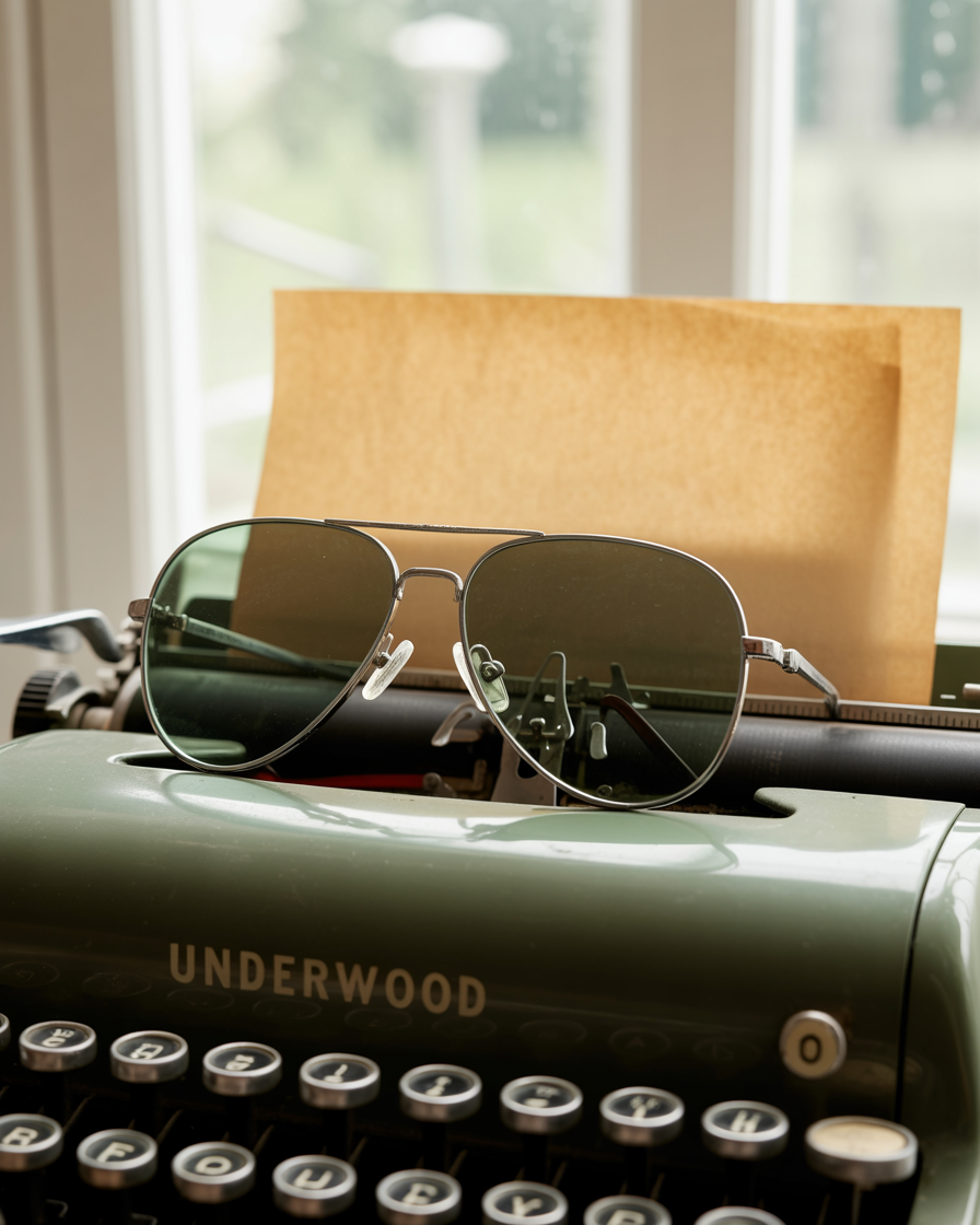 Aviator eyeglasses resting on a vintage typewriter with yellowed paper