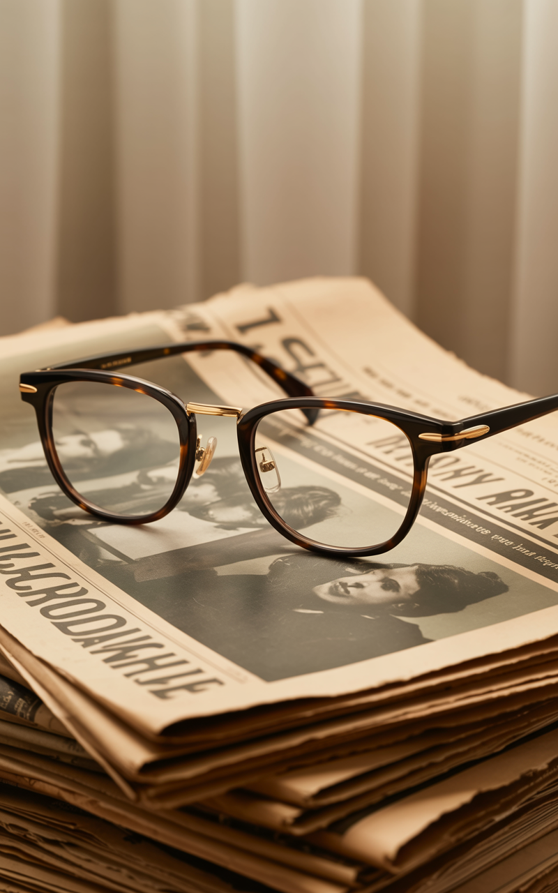Classic browline eyeglasses on a vintage newspaper backdrop