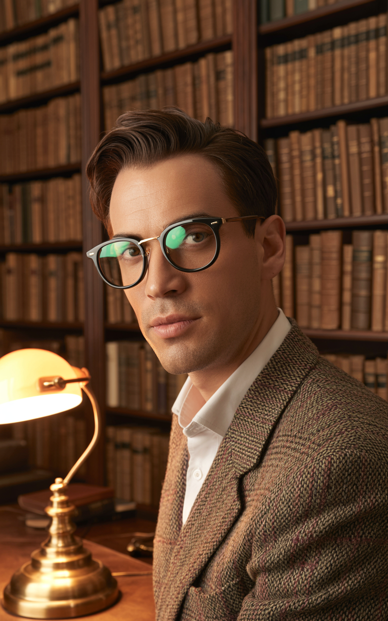 Black and gold browline glasses styled with a tweed blazer