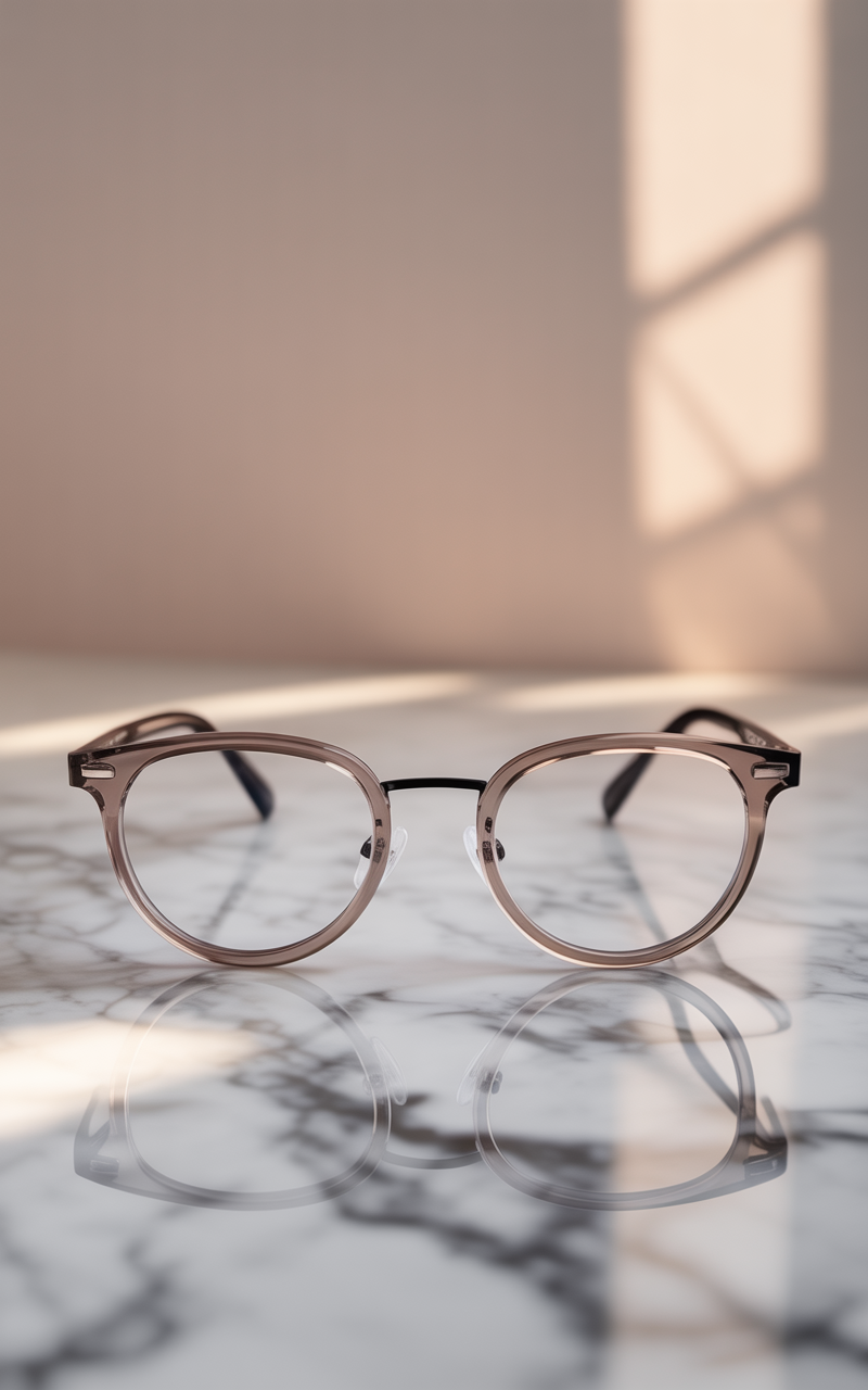 Modern browline eyeglasses with translucent rims on marble