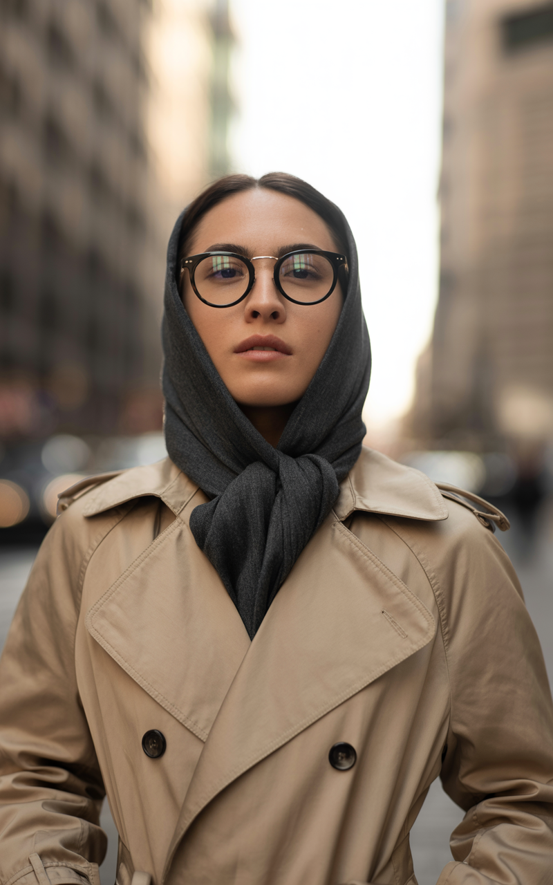 Unisex browline glasses styled with a trench coat and scarf