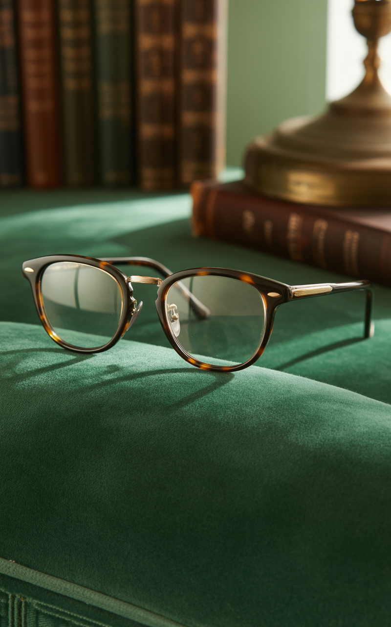 Editorial shot of browline glasses with gold accents on velvet