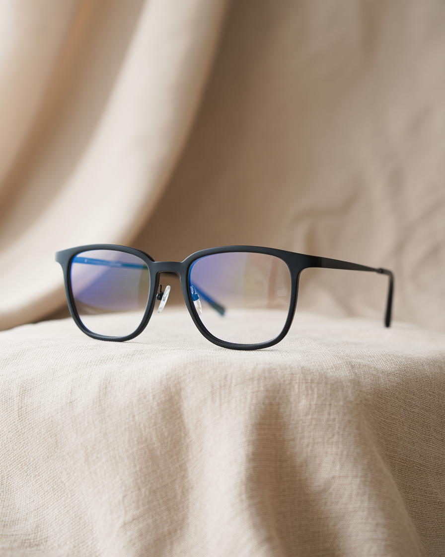 B-shape eyeglasses with matte black finish on a linen backdrop