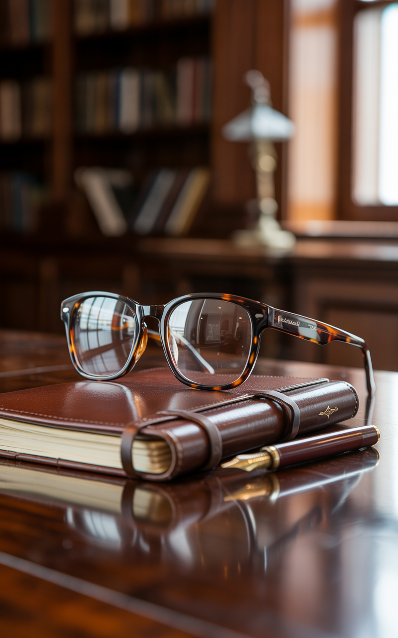 Glossy tortoiseshell B-shape glasses beside a leather-bound notebook