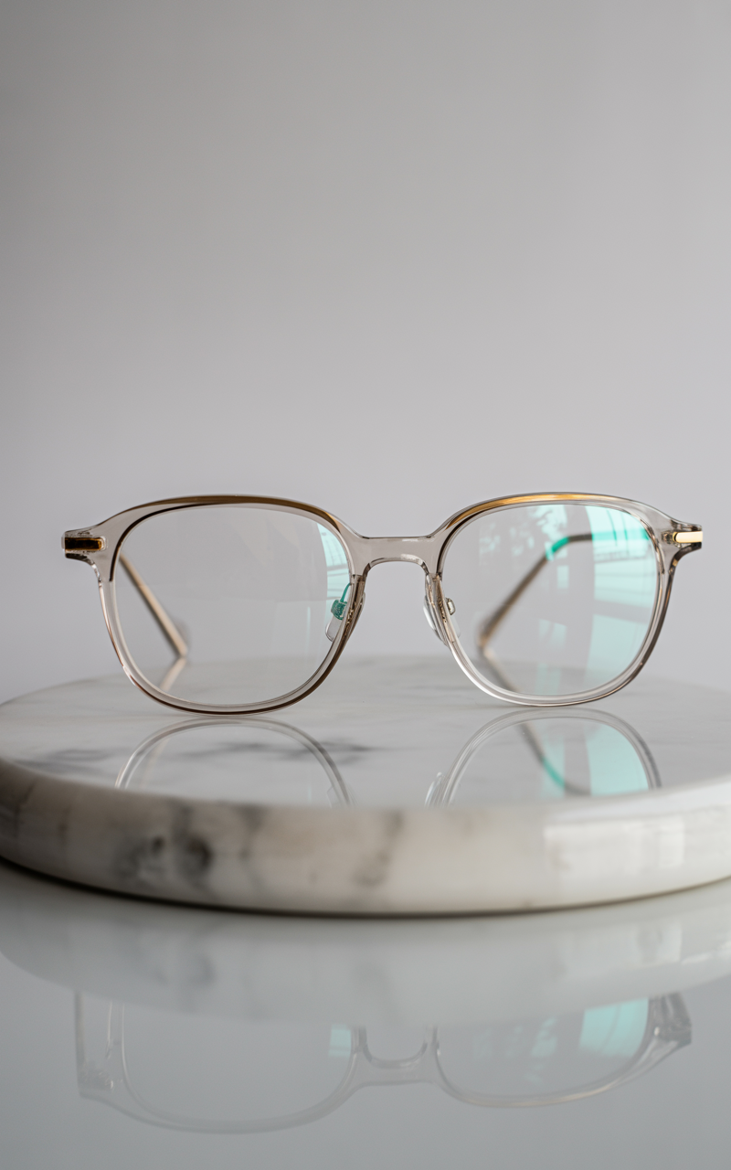 Transparent B-shape eyeglasses with gold accents on marble