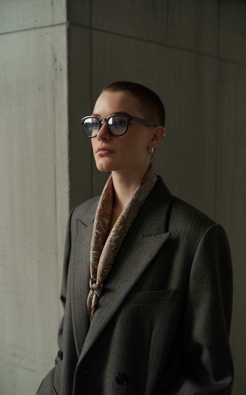 Unisex B-shape glasses styled with a tailored blazer and scarf