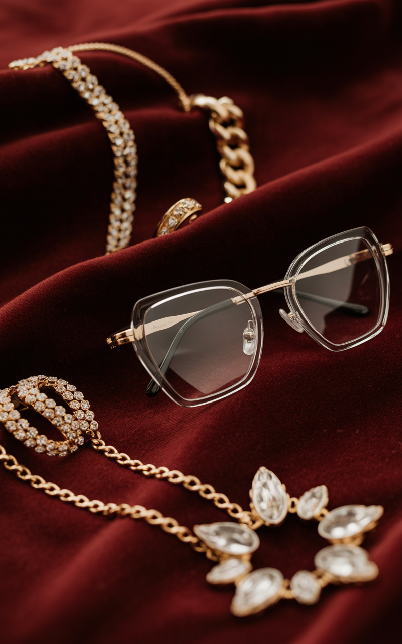 Editorial shot of B-shape glasses on velvet with gold jewelry