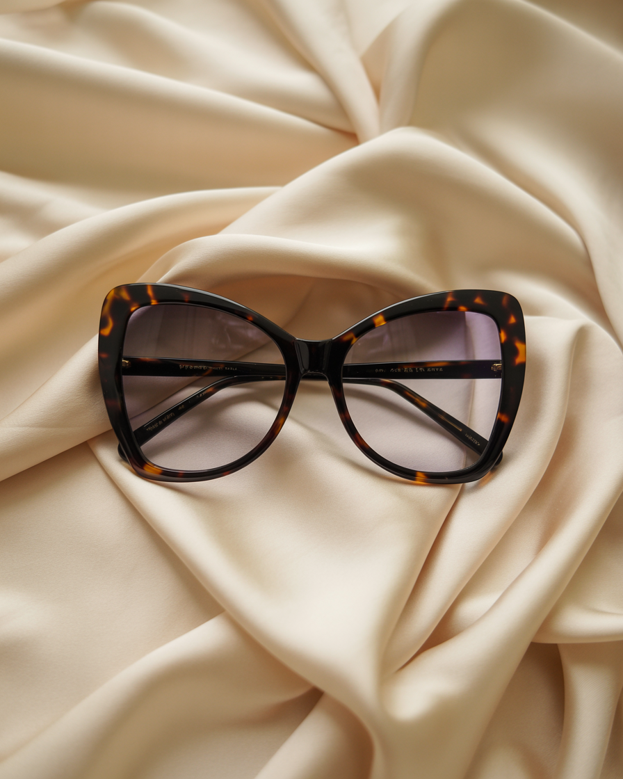 Oversized butterfly eyeglasses with tortoiseshell pattern on silk fabric