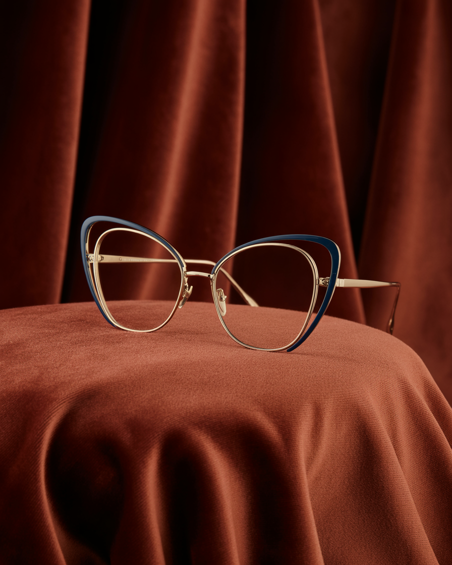Butterfly eyeglasses with jewel-toned rims on velvet backdrop