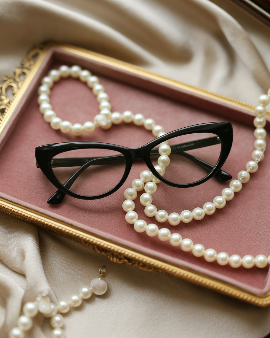 Vintage cat-eye glasses on a velvet jewelry tray with pearls