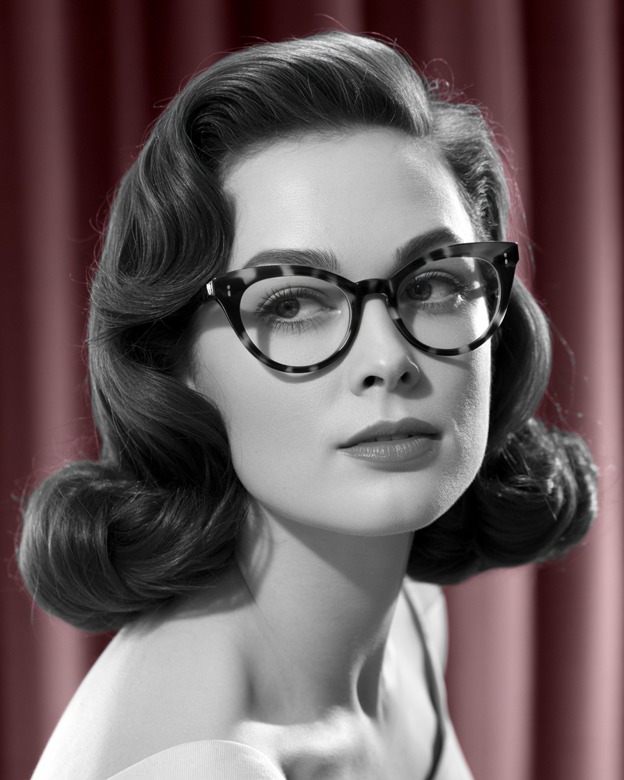 Black-and-white portrait of a 1950s actress in cat-eye glasses