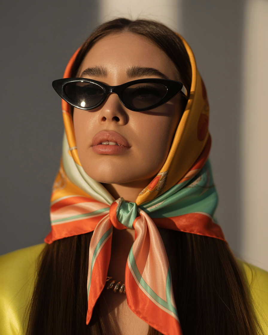 Editorial shot of a woman in a silk scarf and cat-eye sunglasses