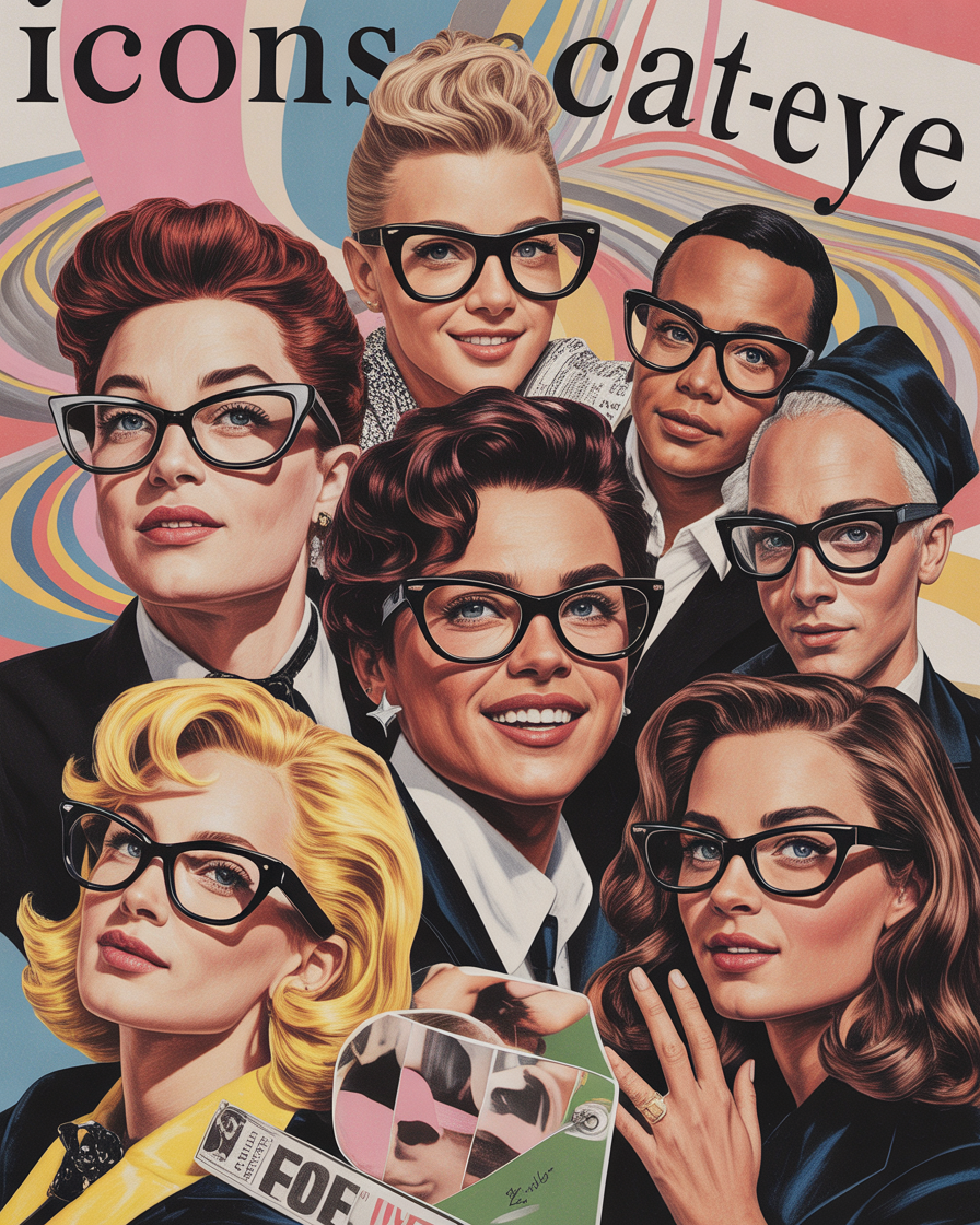 Collage of pop culture figures wearing cat-eye glasses across decades