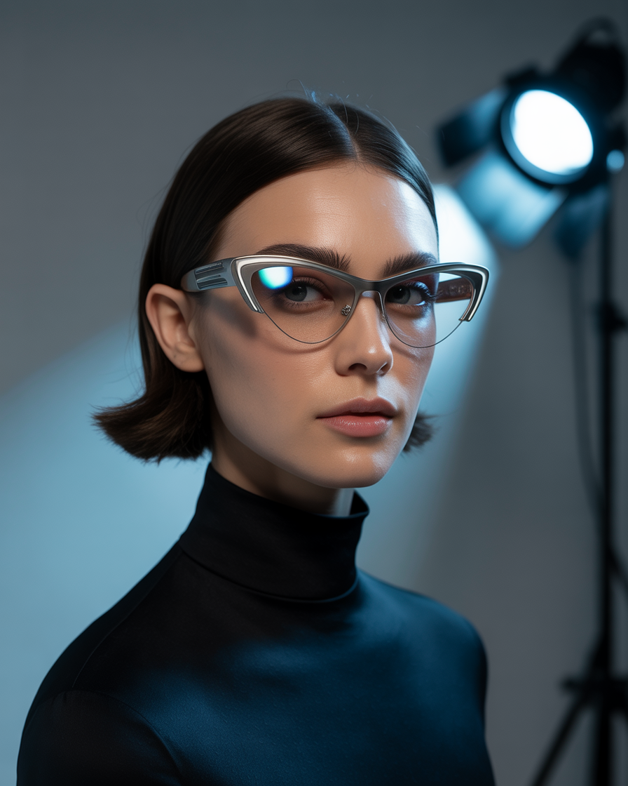 Runway model in futuristic cat-eye glasses with metallic accents