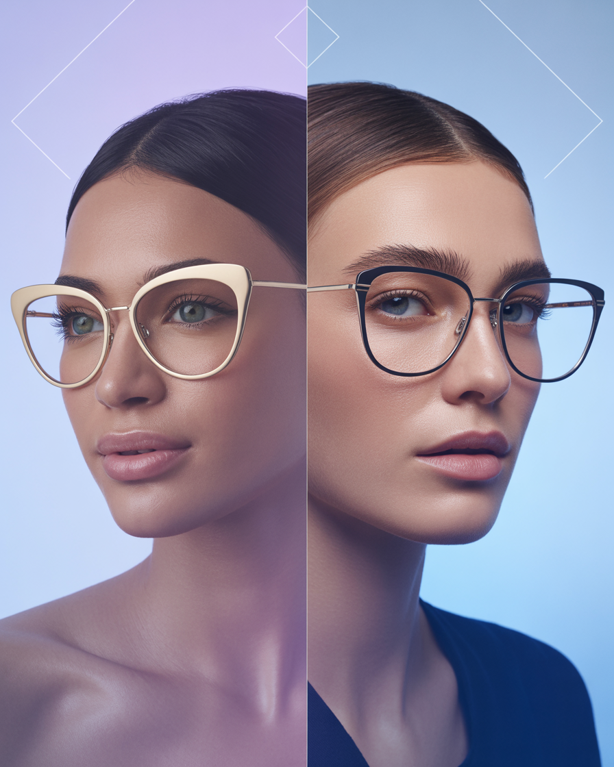 Split-screen showing different face shapes with cat-eye frames