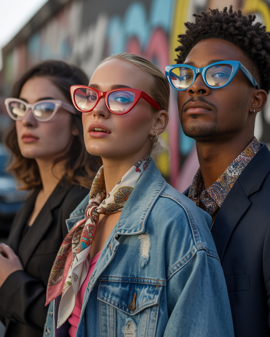 Diverse individuals wearing cat-eye glasses in streetwear and vintage looks