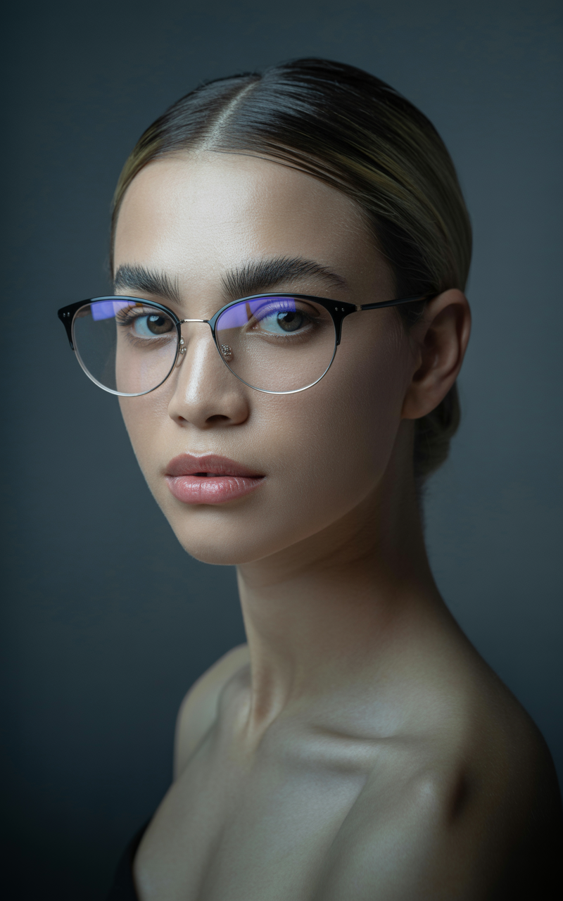 Model with diamond-shaped face wearing browline glasses
