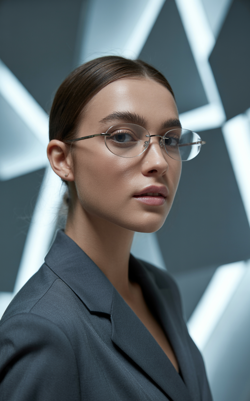 Editorial portrait of model in rimless glasses