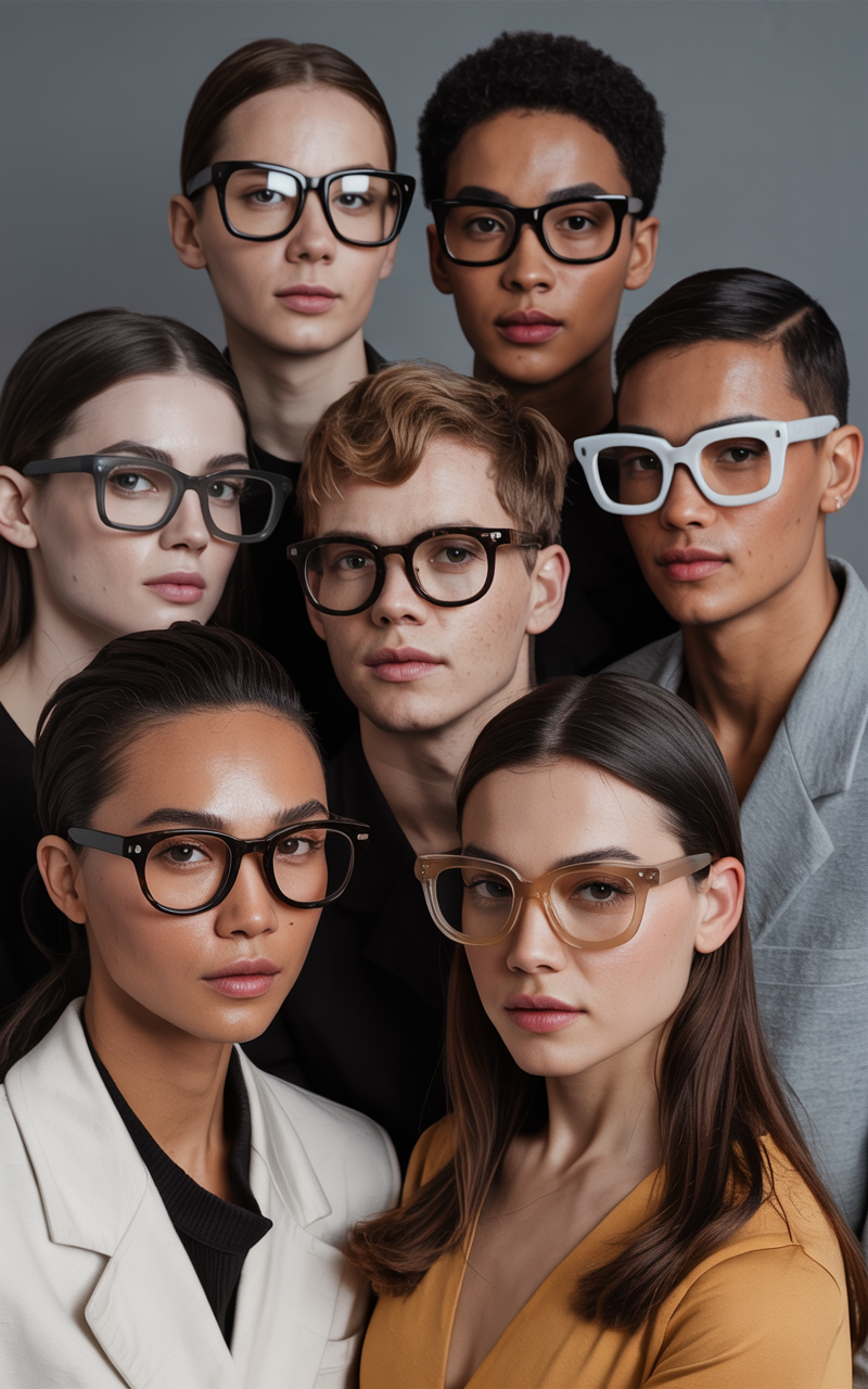 Editorial shot of diverse models wearing a mix of traditionally gendered eyewear