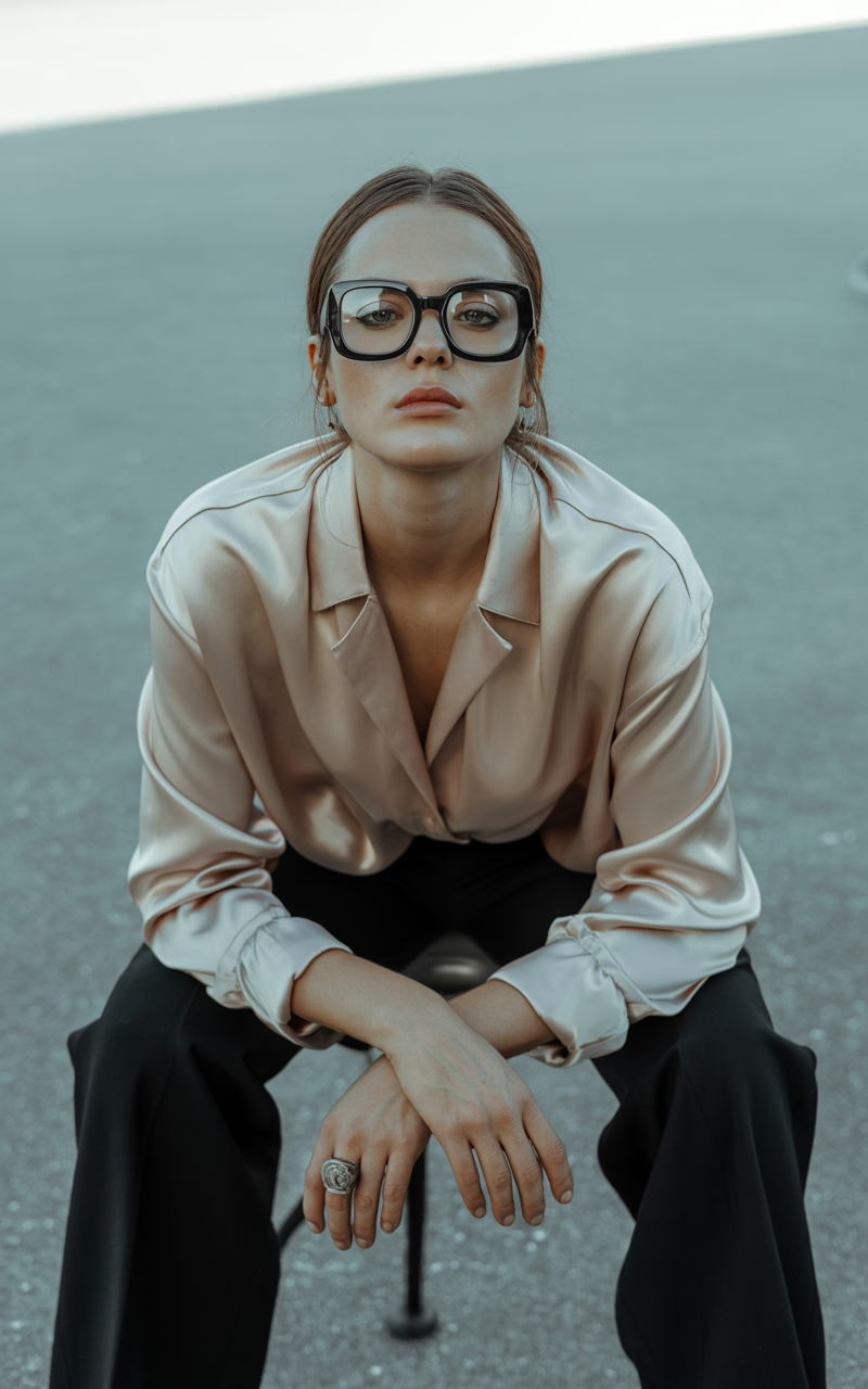Woman wearing oversized square glasses with a silk blouse