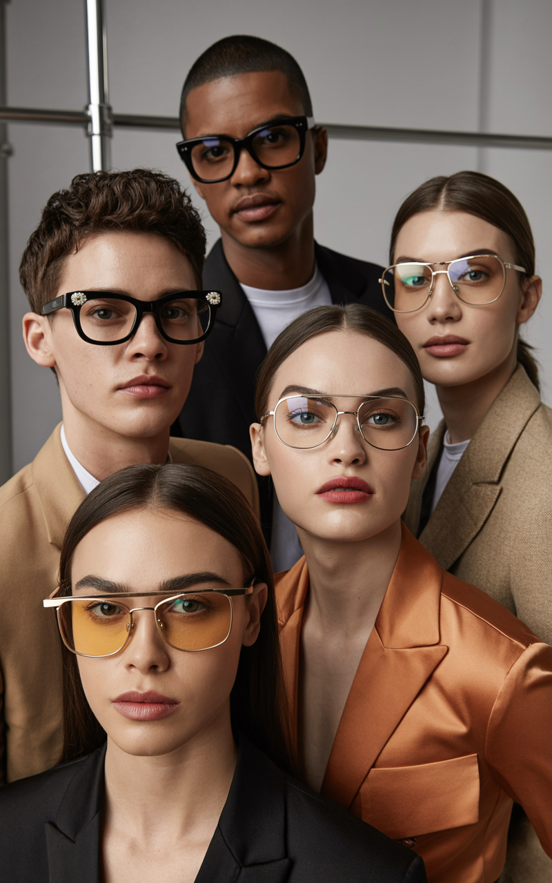 Editorial lineup of models wearing mixed eyewear styles