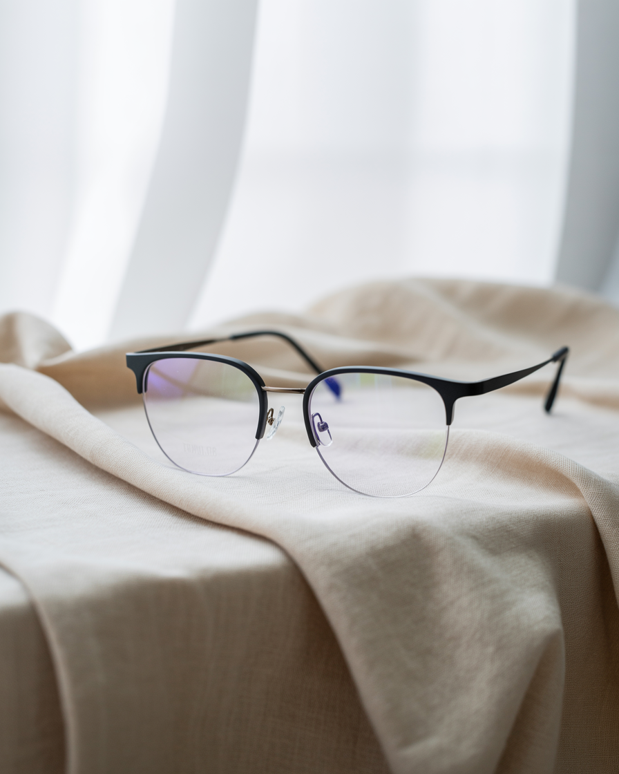 Minimalist half rim eyeglasses resting on a linen cloth
