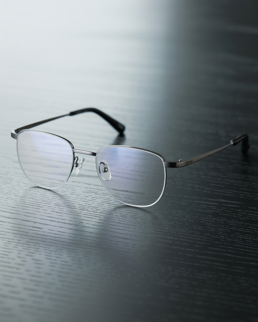 Close-up of titanium half rim glasses with soft lighting