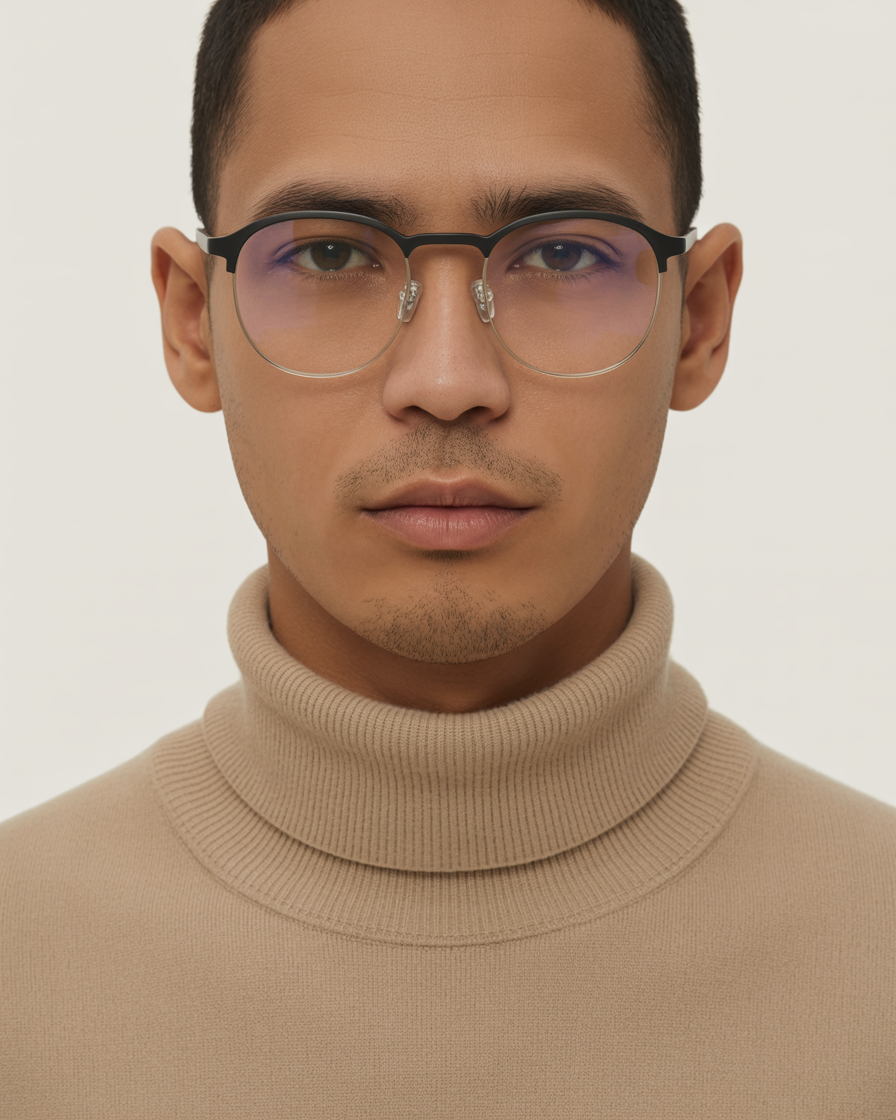 Unisex half rim glasses styled with a neutral outfit