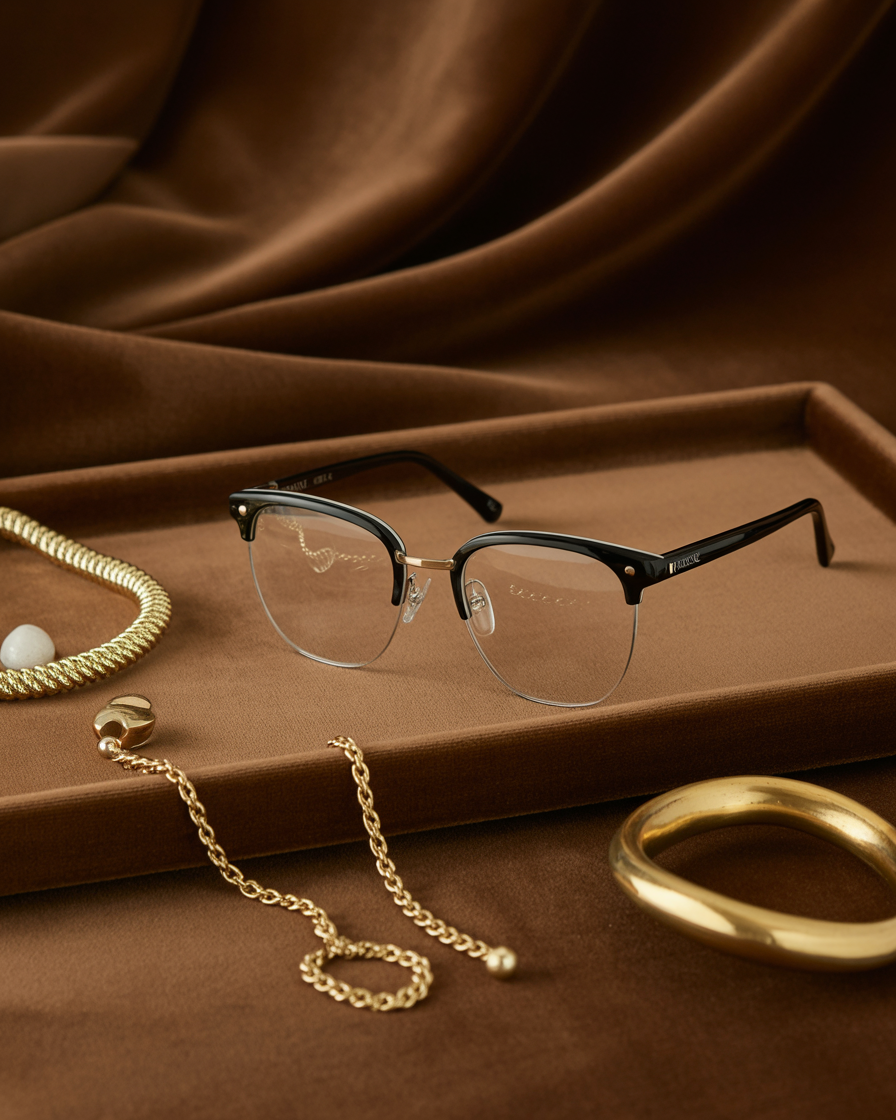 Editorial shot of half rim glasses on a velvet tray with gold accessories
