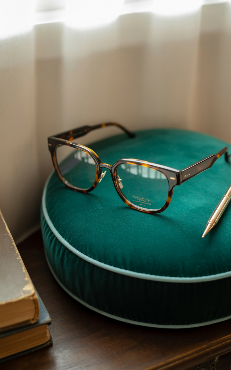 Oversized horn rim eyeglasses with tortoiseshell finish on velvet