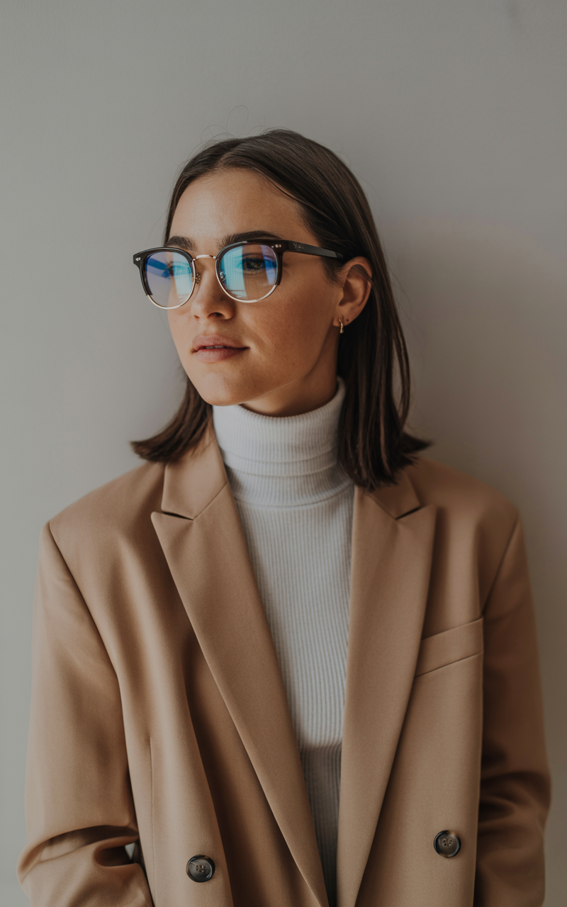 Unisex horn rim glasses styled with a tailored blazer and turtleneck