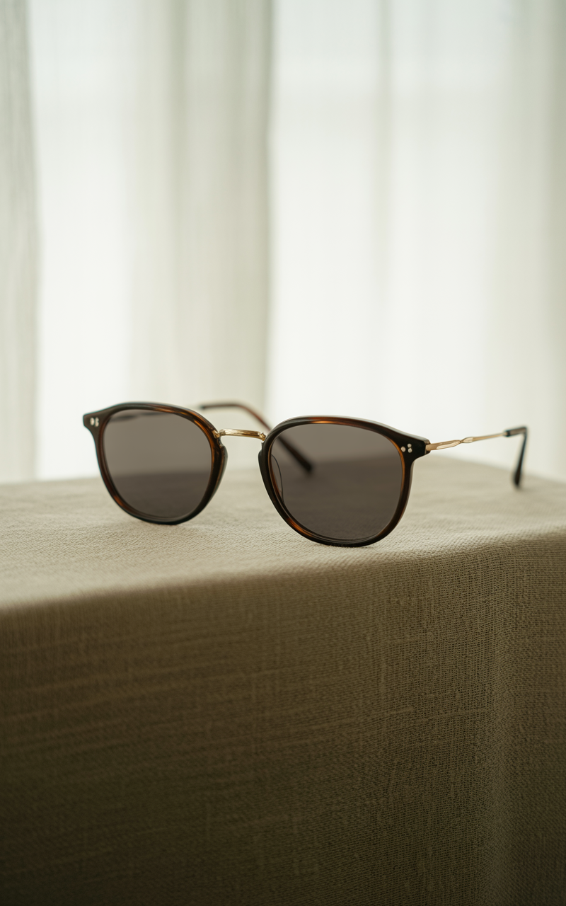 Editorial shot of horn rim glasses with gold accents on a linen backdrop