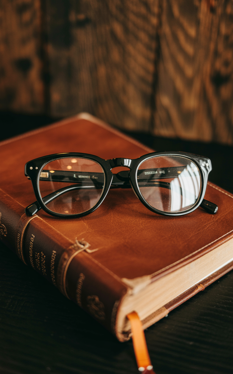 Vintage keyhole eyeglasses resting on a leather-bound journal