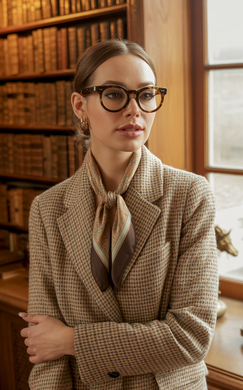 Classic keyhole glasses styled with a tweed blazer and silk scarf