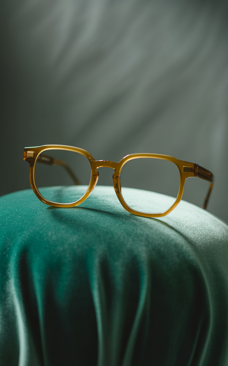 Modern keyhole eyeglasses with translucent acetate on velvet fabric