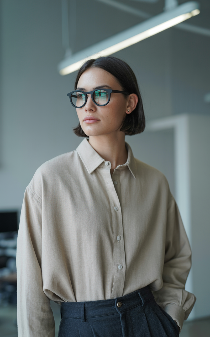 Unisex keyhole glasses styled with a neutral-toned outfit and soft lighting
