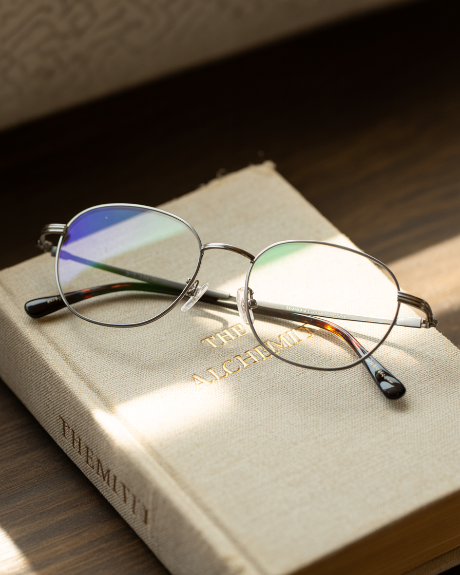 Titanium oval eyeglasses resting on a linen-bound book