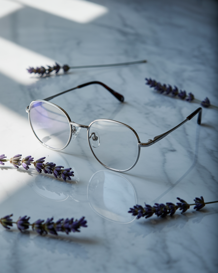 Silver oval glasses on a marble surface with dried lavender