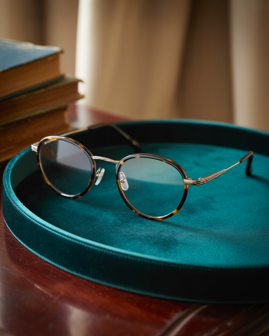 Editorial shot of oval glasses with tortoiseshell finish on a velvet tray