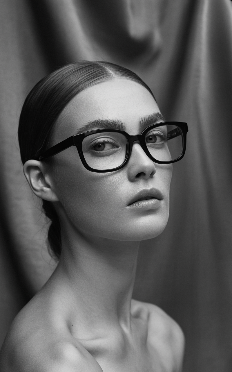Model with oval face wearing rectangular glasses
