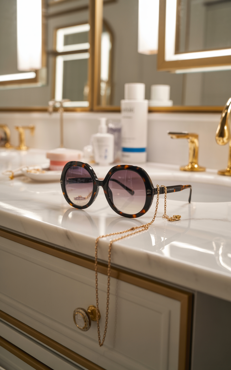 Oversized glasses on a marble vanity with gold accents