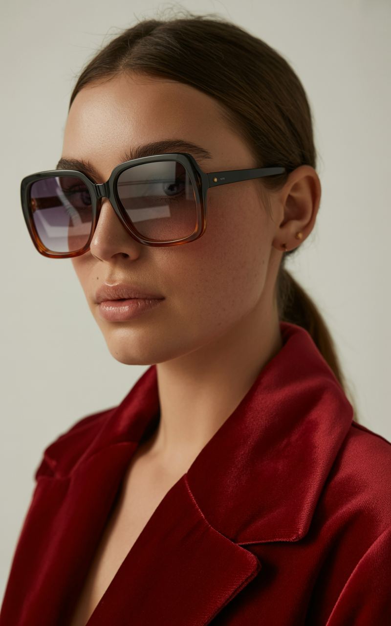 Model wearing oversized glasses with a monochrome outfit and slicked-back hair