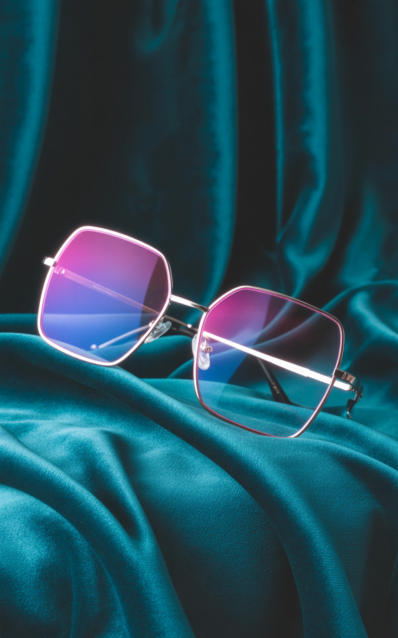 Oversized square glasses with gradient lenses on velvet fabric
