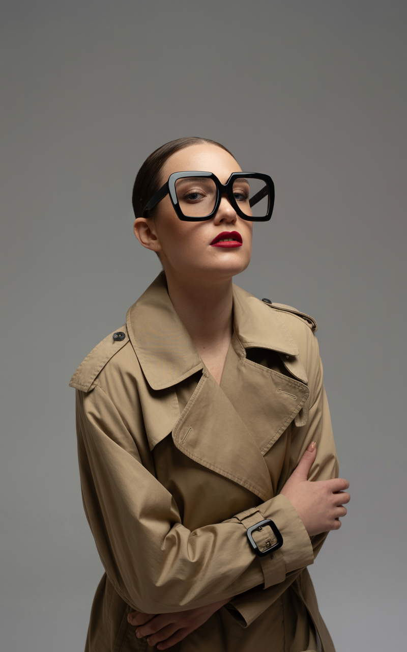 Unisex oversized glasses styled with a trench coat and bold lipstick