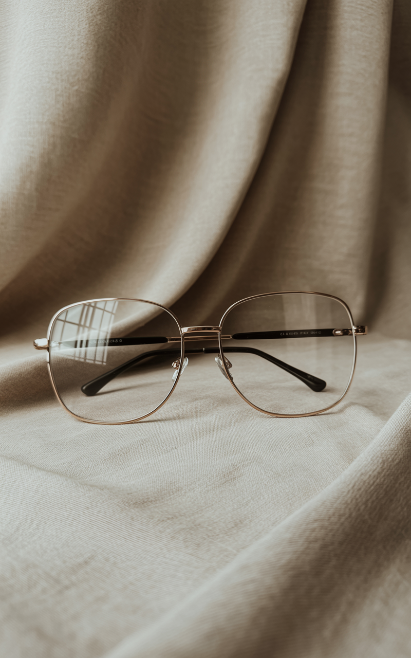 Editorial shot of oversized glasses with gold rims on a linen backdrop