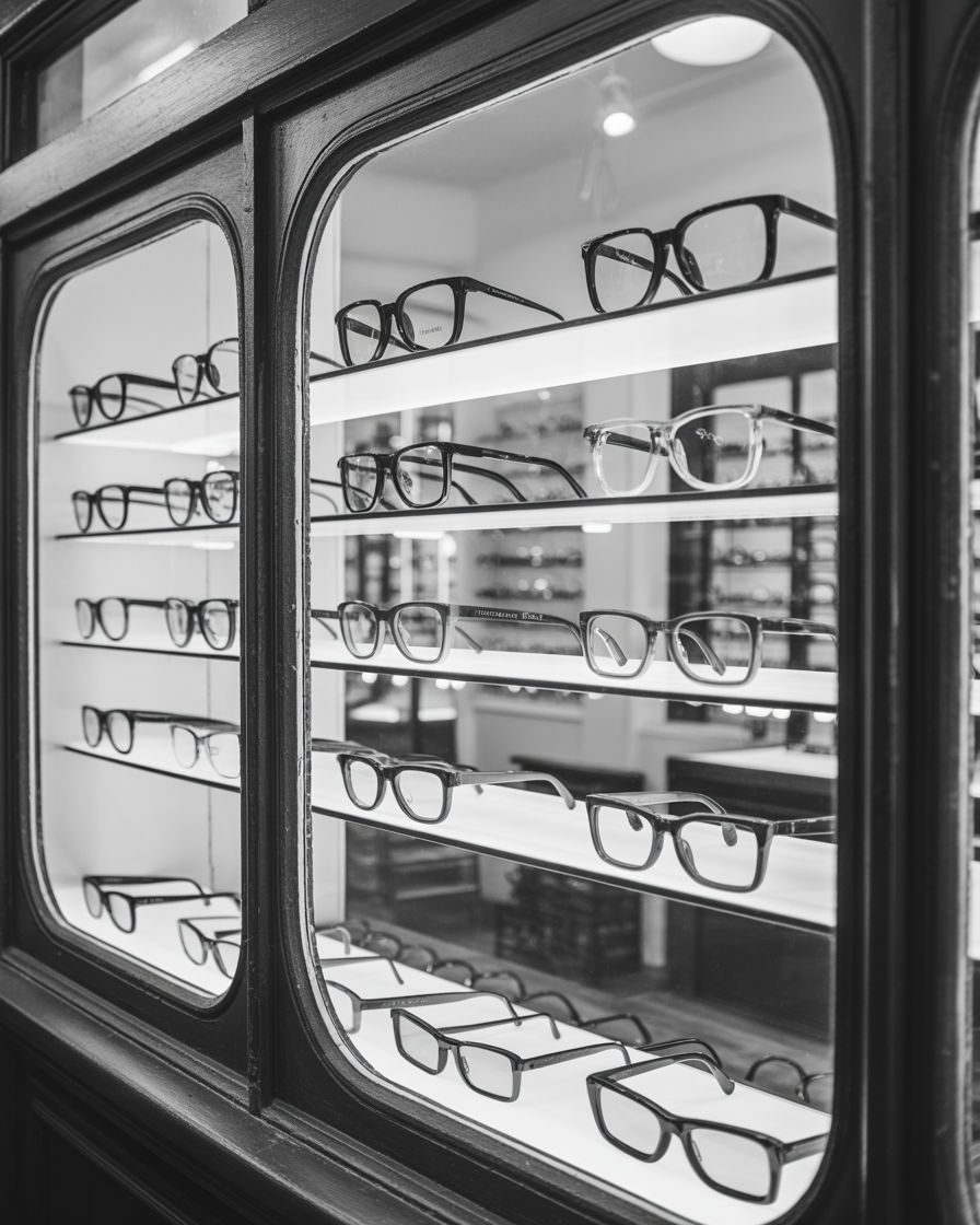 Vintage optician’s window with rectangular eyeglasses on display