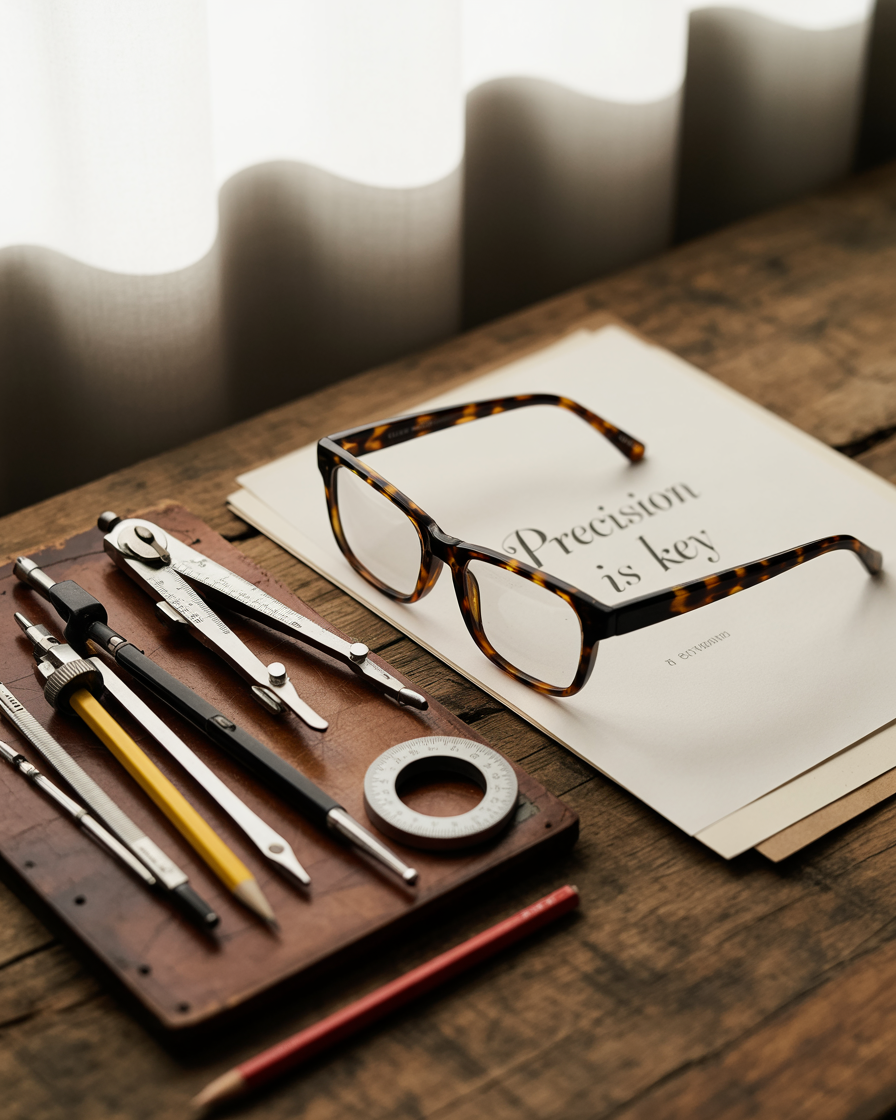 Flat lay of drafting tools and rectangular eyeglasses on aged paper